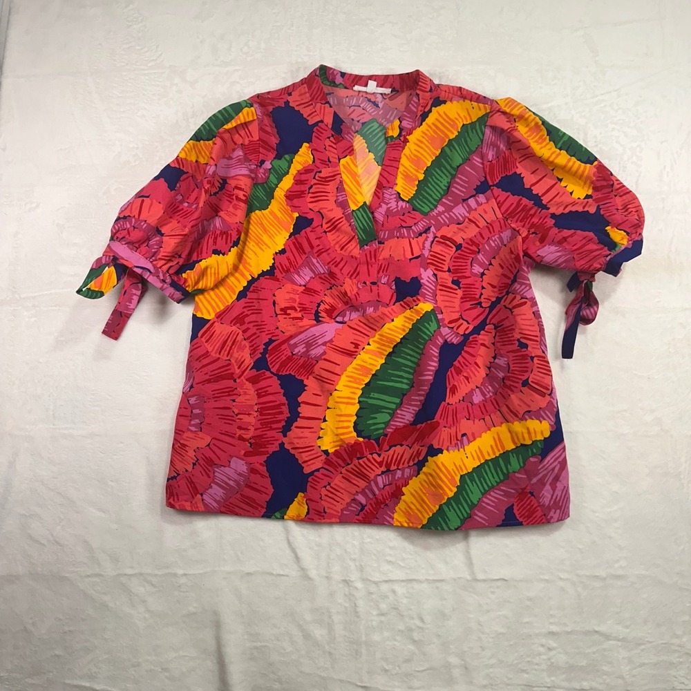 Michelle McDowell Abstract Print Blouse XL Multicolor Puff Sleeve Tie Women‎